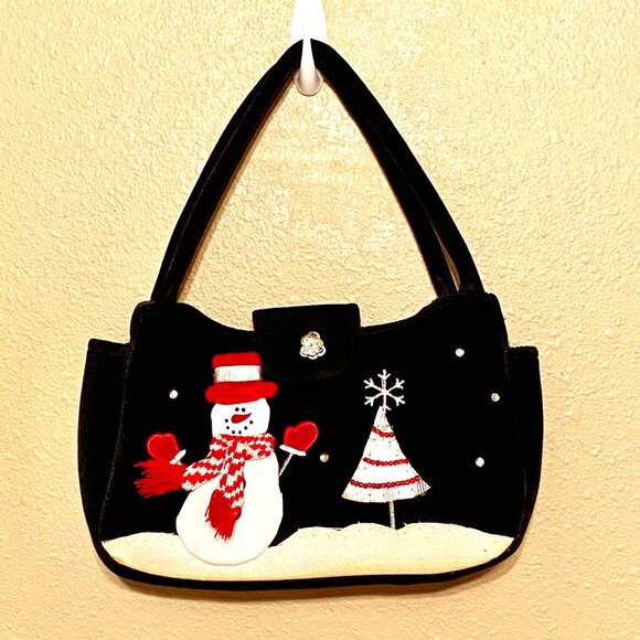No Designer Handbags - Winter Snowman & Christmas Tree Decorated Velvet Purse Handbag Black Beaded